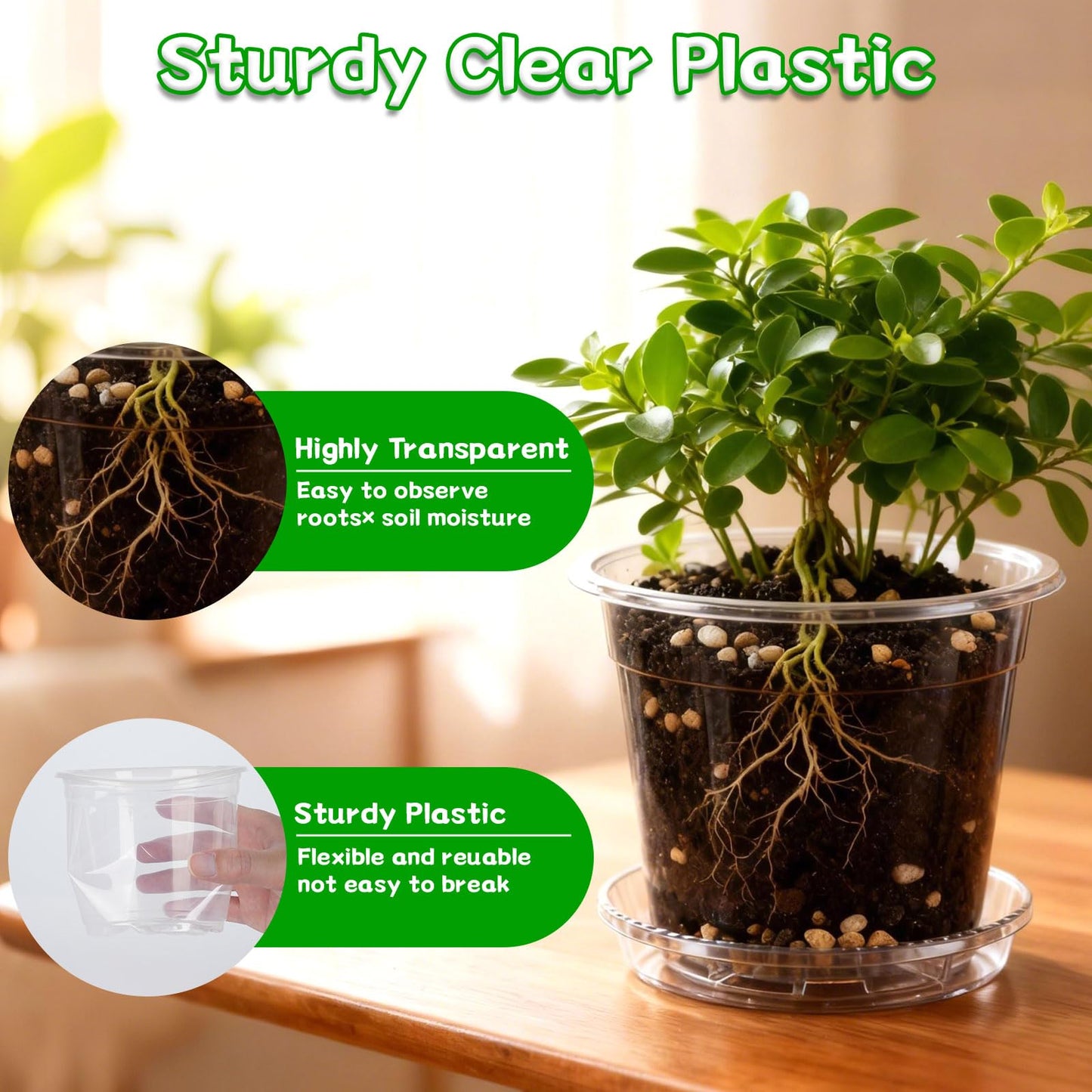 FDKYOEK 30Pack Clear Nursery Pots with Drainage and Saucer, 3/4/5/6/7in Clear Plastic Pots for Plants Flowers Succulents Vegetables, Transparent Plant Pots with 100 Planter Labels for Seedling Starter