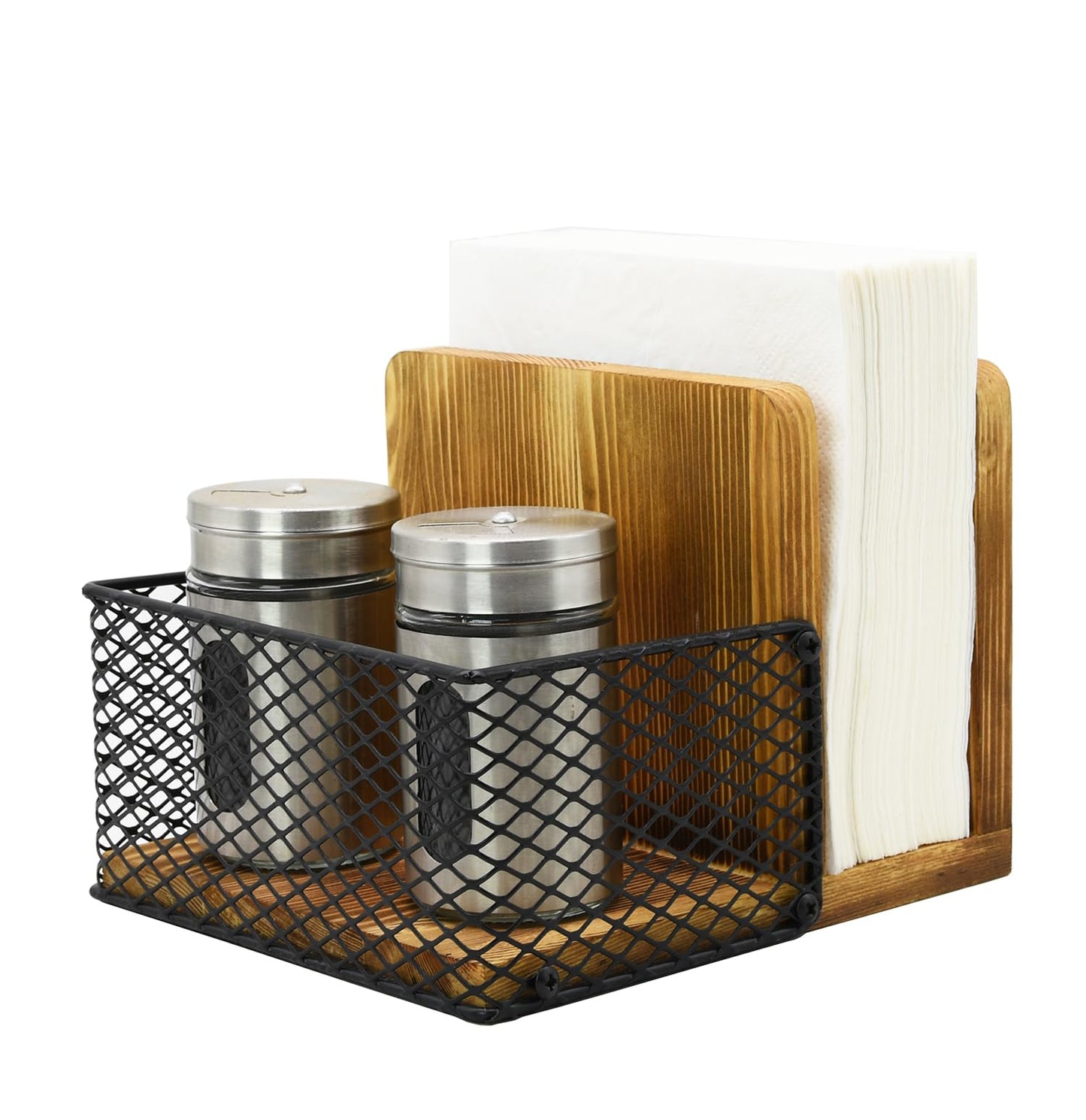 Rustic Burnt Wood Napkin Holder with Black Metal Mesh Spice Rack – 2-in-1 Farmhouse Style Napkin and Condiment Organizer for Kitchen or Restaurant, 5.5” x 6.5” x 5”