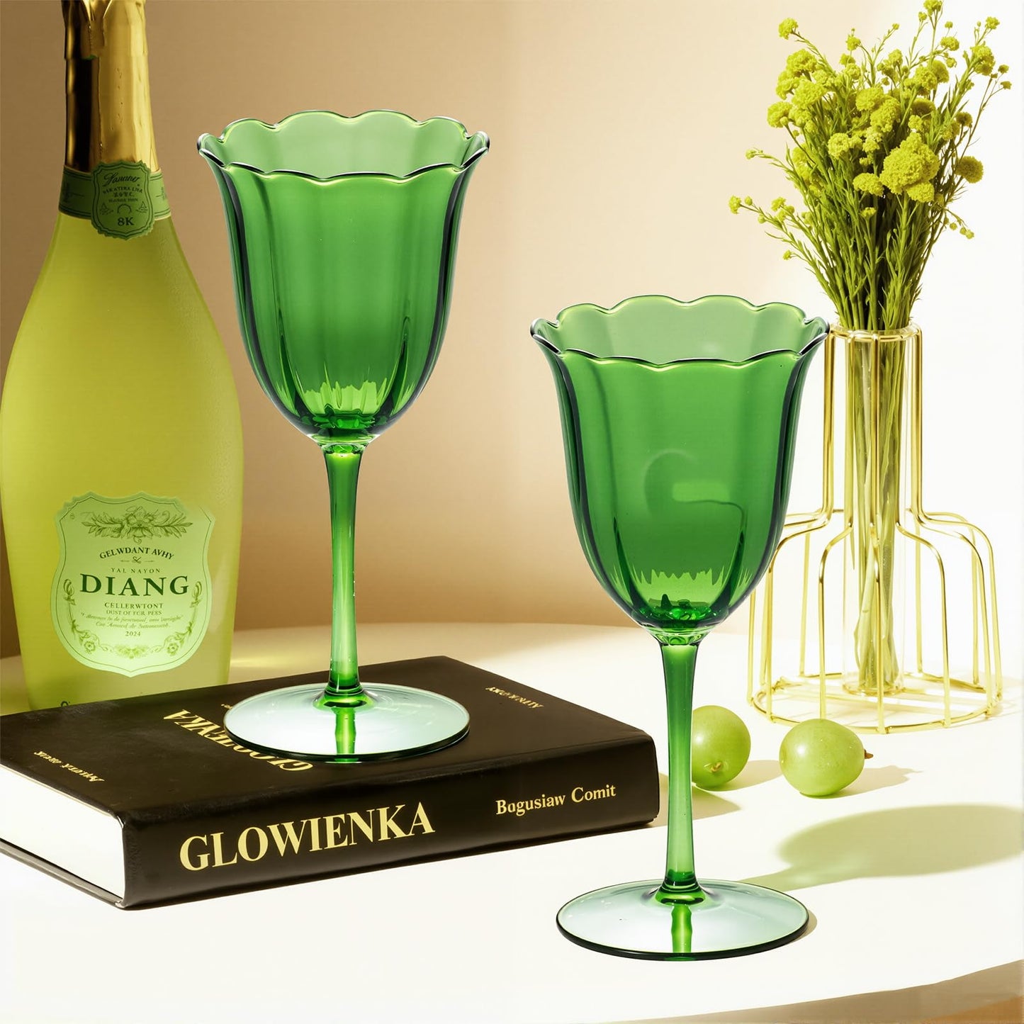 KAMMAK Wine Glasses Set of 2, 9.47 oz Hand Blown Crystal Bordeaux Wine Glasses, Thin Rim & Long Stem, Perfect for Red & White, Daily Use, Wedding or Birthday Gift with Gift Box, Fully Green Flowers
