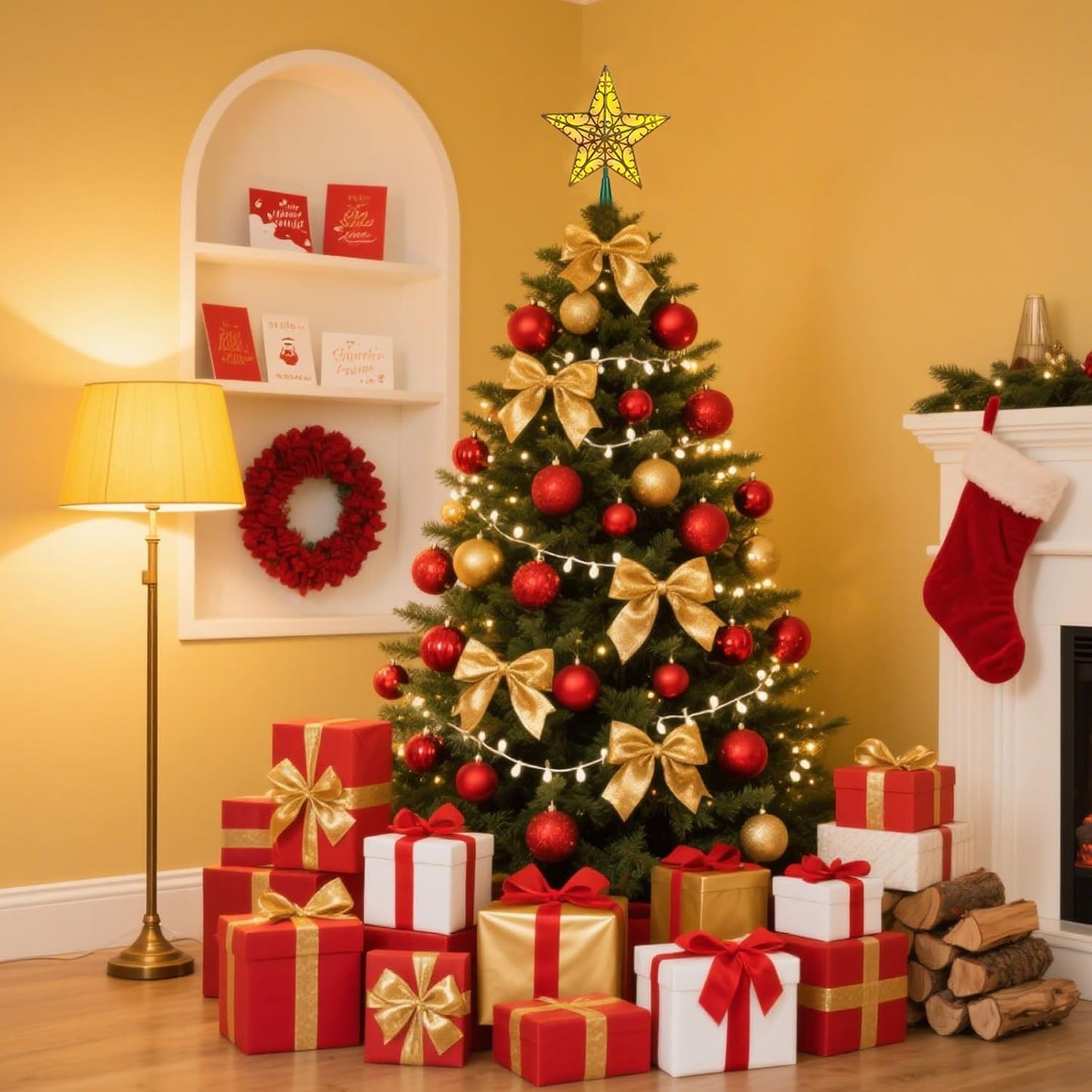 9.5” Gold 3D Dual-Side Christmas Star Tree Topper - Warm White LED Light, Festive Holiday Home Christmas Decor