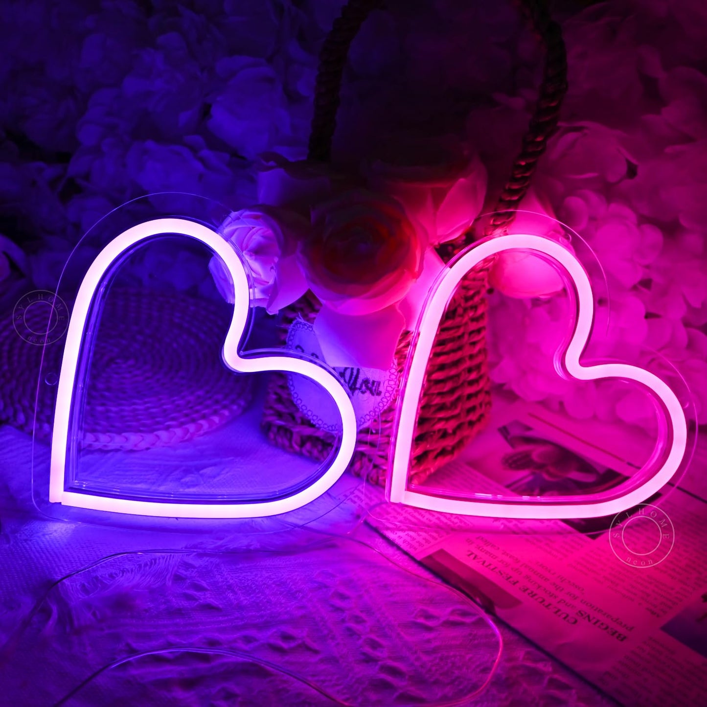 SYLHOME 2 Pack Heart Led Neon Light Sign Battery Operated or USB Powered Bedroom Wedding Wall Sign Decor Valentines Day Birthday Christmas Gifts USB 7.87" X 7.28"