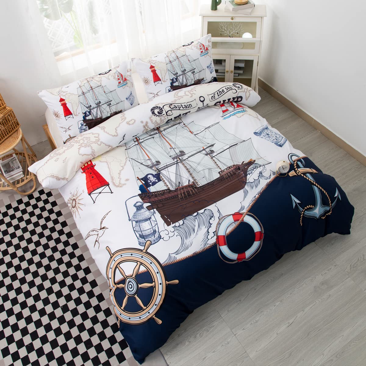 CVHOUSE Nautical Bedding Set Queen Size,Nautical Sailboat Bed for Boys Teens,Ocean Themed Sailing Anchor Comforter Cover Soft,Anchor Duvet Quilt Queen 89'x89'