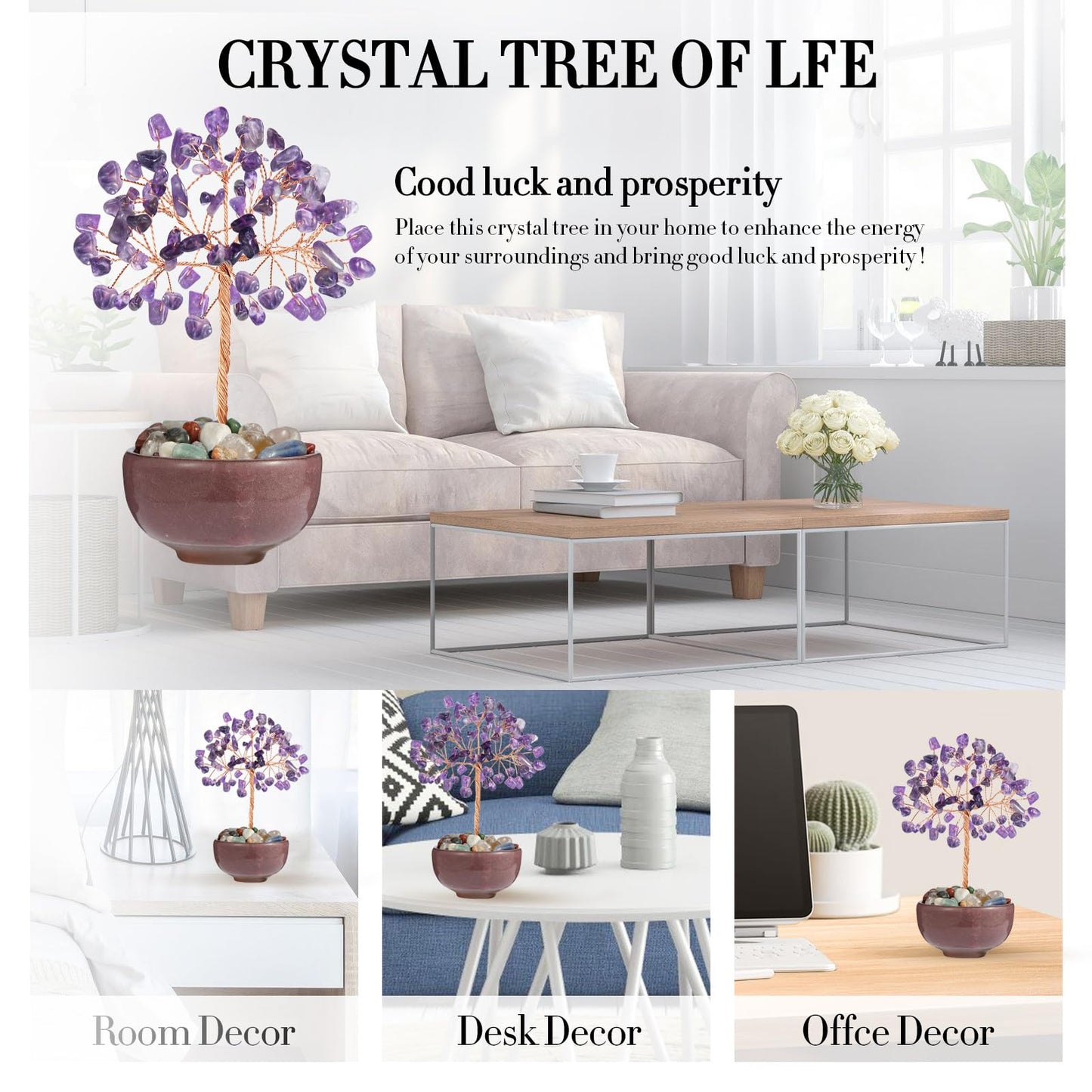 Amethyst Crystal Tree with Ceramic Base,Natural Gemstone Feng Shui Money Tree for Wealth,Good Luck & Positive Energy,Handmade 5 Inch Healing Abundance Bonsai for Home Office Decor