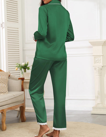 Ekouaer Satin Pajamas for Women Silk Long Sleeve Sleepwear Button Down Loungewear 2 Pieces Lace Soft Pjs Set