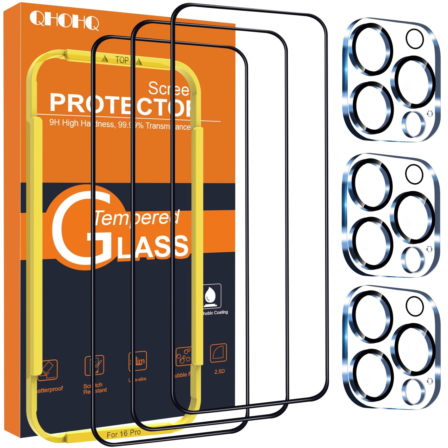 QHOHQ for iPhone 16 Pro Screen Protector with Camera Lens Protector, [Military Grade Shatterproof], Top 9H+ Tempered Glass, Full Edge Coverage, Ultra Durable, with Easy Installation Tool [3+3 Pack]