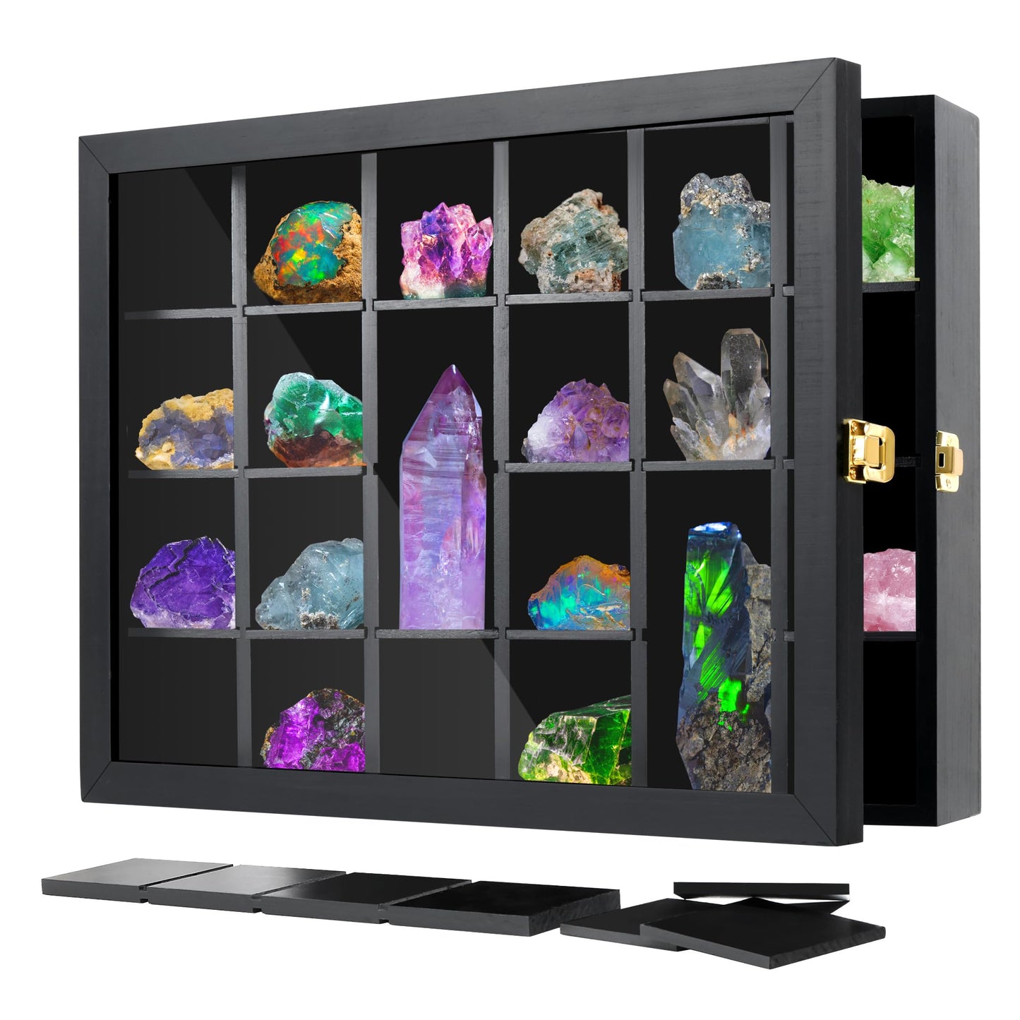 Adjustable Rock Display Case Wall Mounted, Crystal Collection Box with Shelves, Wooden Rock Collection Box for Kid and Collectibles