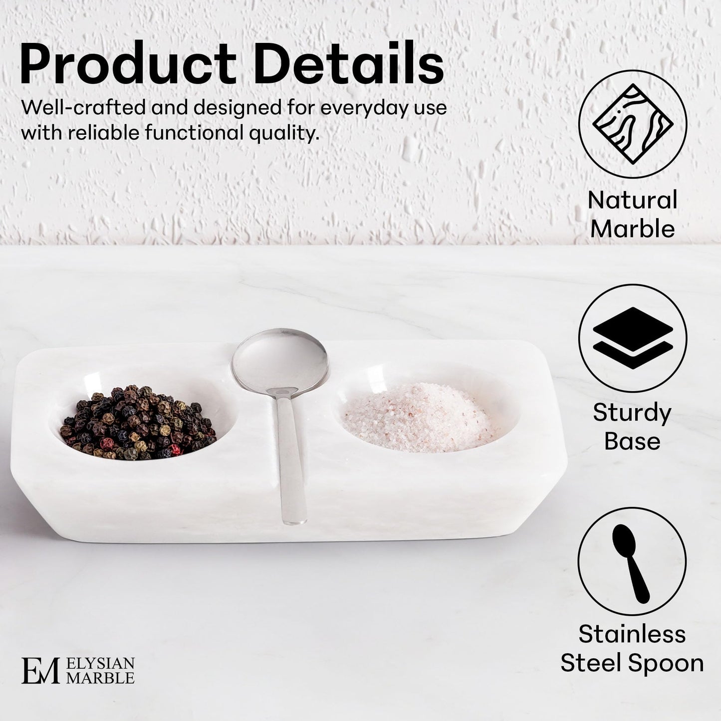 Marble Salt and Pepper Dish with Spoon, Handcrafted Double Spice Tray with 2 Compartments, Natural Stone Condiment Dish for Cooking Prep and Serving - White