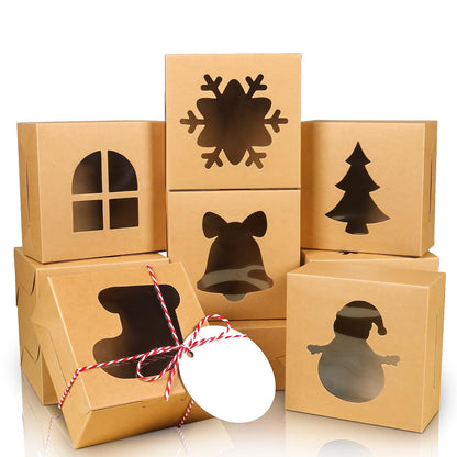 COTOPHER 18Pcs Christmas Cookie Boxes with Window, 4x4x2.5 inch Kraft Brown Bakery Boxes for Gift Giving, Mini Cake Boxes for Treat Donuts Chocolate Strawberries Pastries Muffins