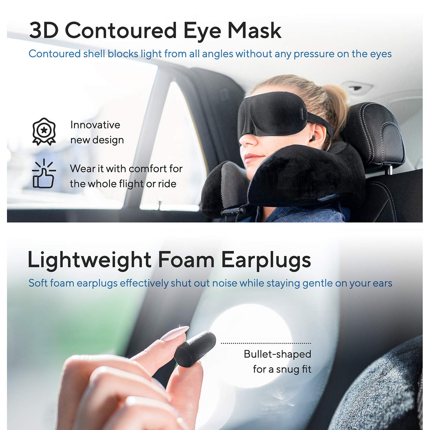Proglobe Travel Blanket Luxury Travel Set, Ergonomic Airplane Neck Pillow 100% Memory Foam and Super Soft Fleece Blanket, Premium 3D Sleep Mask & Earplugs, Black