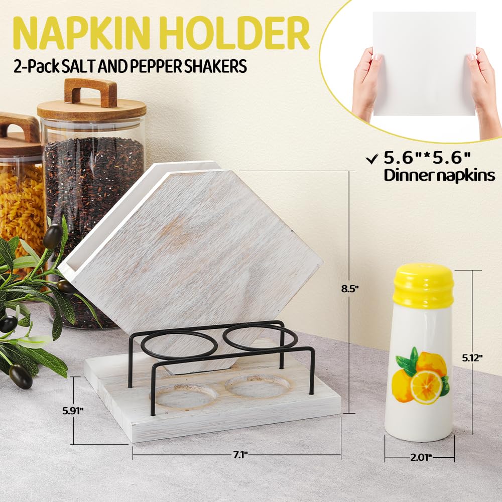 Rustic Farmhouse Napkin Holder Set - Natural Wood Kitchen Organizer with Lemon 2 Salt & Pepper Shakers for Countryside Dining & Minimalist Home Decor (Gift Ready)