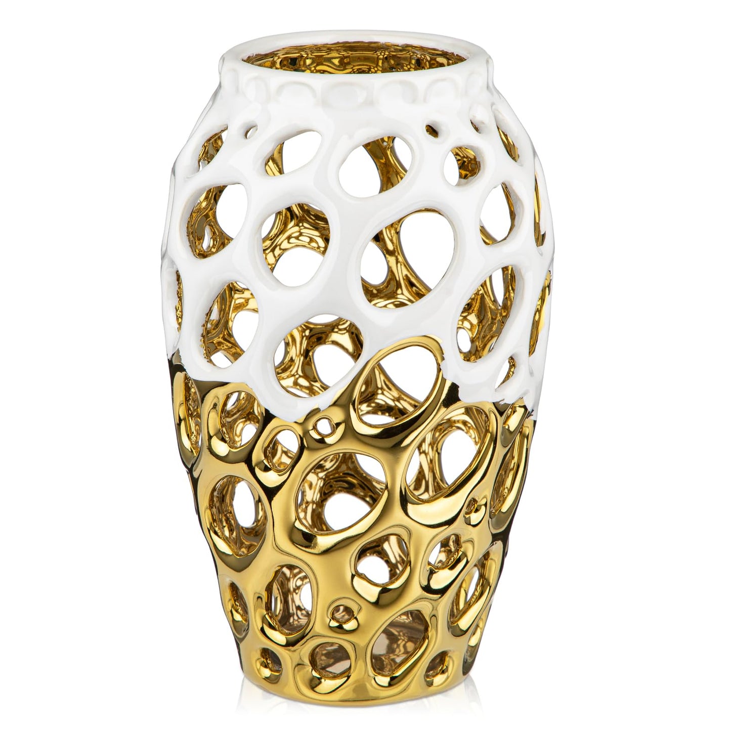 White and Gold Vases for Centerpieces, Openwork Ceramic Flower Vase 8.7" Hollowed Decorative Pampas Grass Vase Gold Table Decor for Home Living Room Dinner Room Bedroom Office Wedding