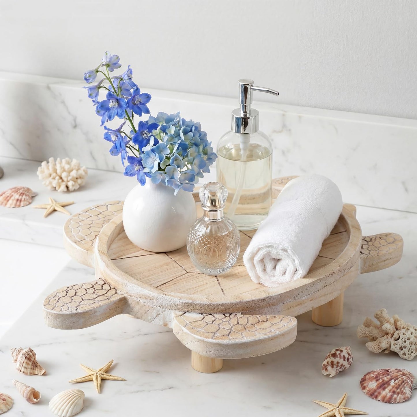 CimoroWin Turtle Pine Wood Riser Display Stand Round Pedestal Stand Wood Risers Coastal Style Riser Display Pedestal Holder for Kitchen Decor and Countertop Organizer