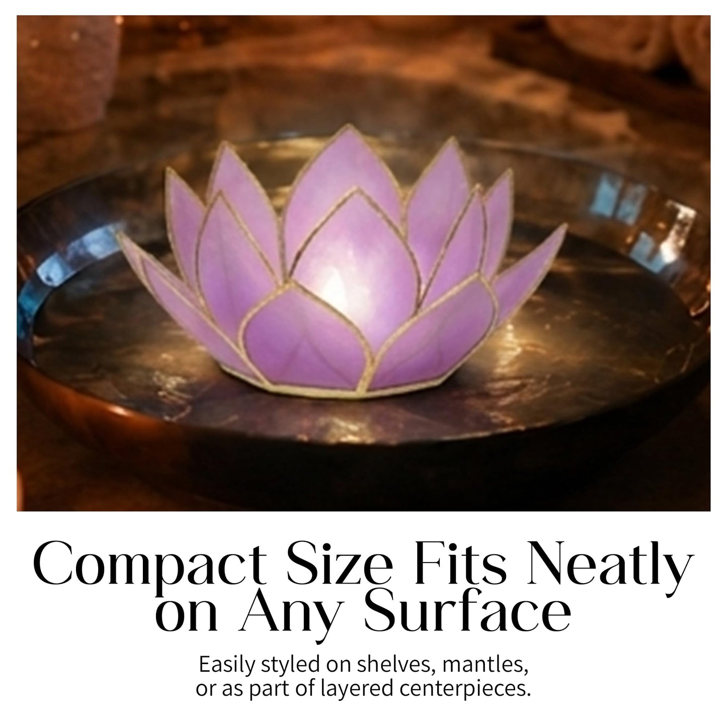 Om Gallery Mini Gemstone Lotus Tealight Holder - Handcrafted Capiz Shell Design for Soft Glow, Elegant Home & Table Decor, Wedding Centerpieces, Votive Candle Styling & Thoughtful Gifting - Amethyst