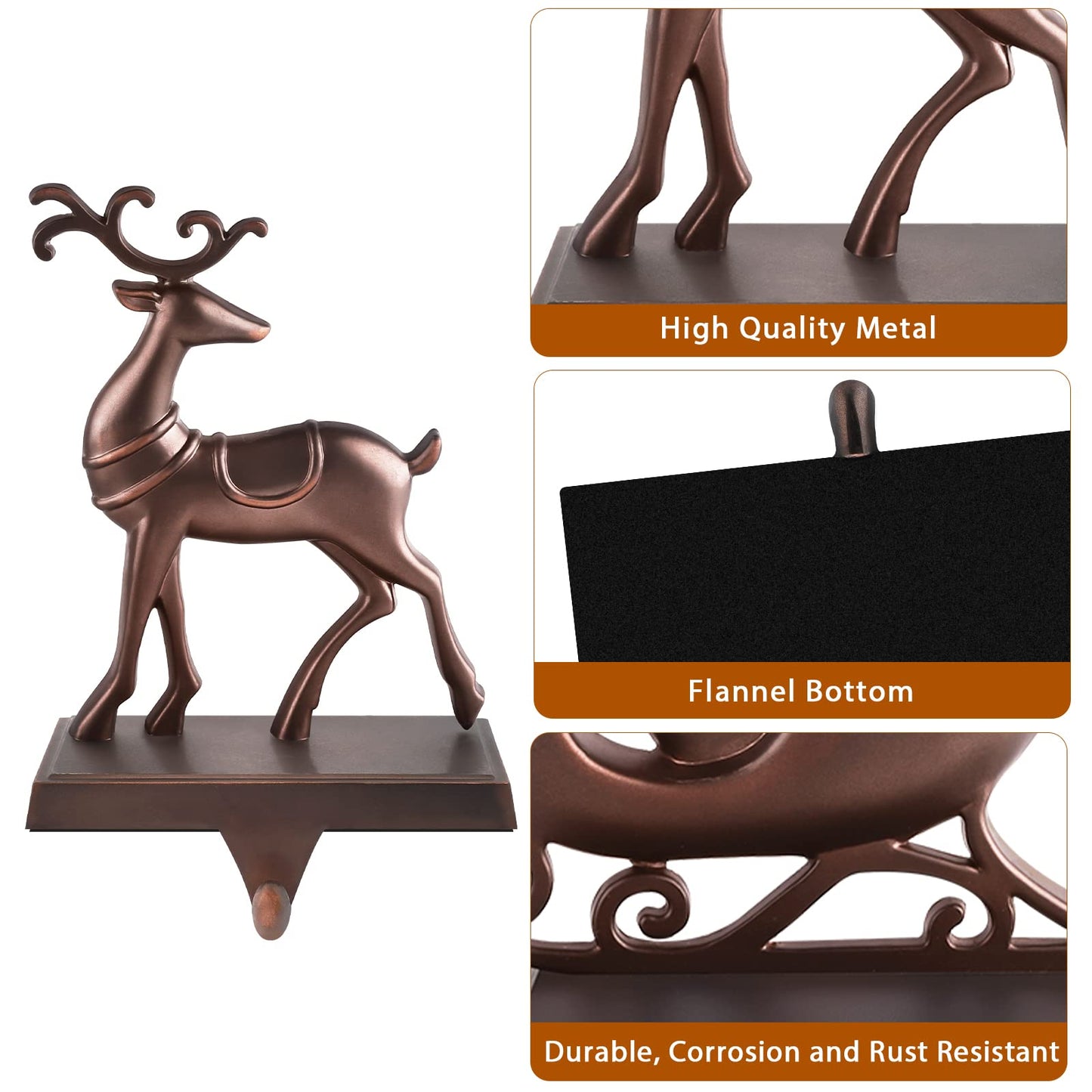 MCEAST Set of 4 Christmas Stocking Holders Santa and Reindeer Mantle Stocking Hangers Metal Christmas Hanging Hooks Safety Hanger Grips for Fireplace Decoration, Black