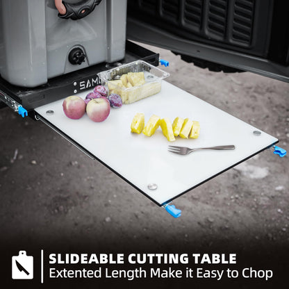 SAMOUT Fridge Slide with Chopping Board, Inner 29.2 x 18.7in, Vehicle Refrigerator Slider with 4 Buckle Straps, Max 287 LBS, 3rd Gen