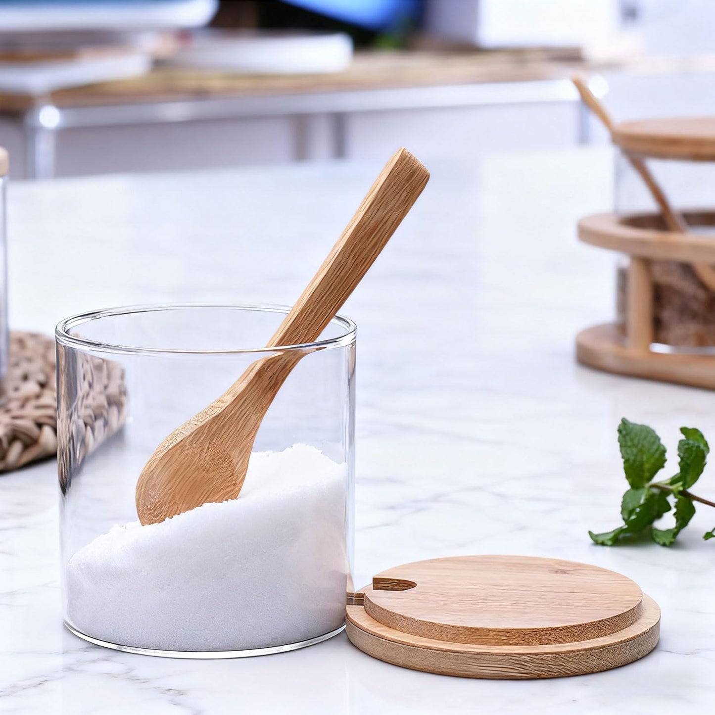 smarex Glass Condiment Jar Seasoning Container with Lids,white Salt Sugar Pepper Spice Container Bowls Pot with Spoon, Glass Pot,Set of 3, 8 Oz, for Home Kitchen Coffee Bar (middle)