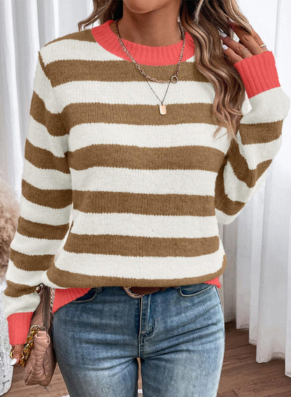 Dokotoo Sweaters for Women 2025 Crewneck Striped Cute Color Block Fall Winter Knitted Pullover Tops