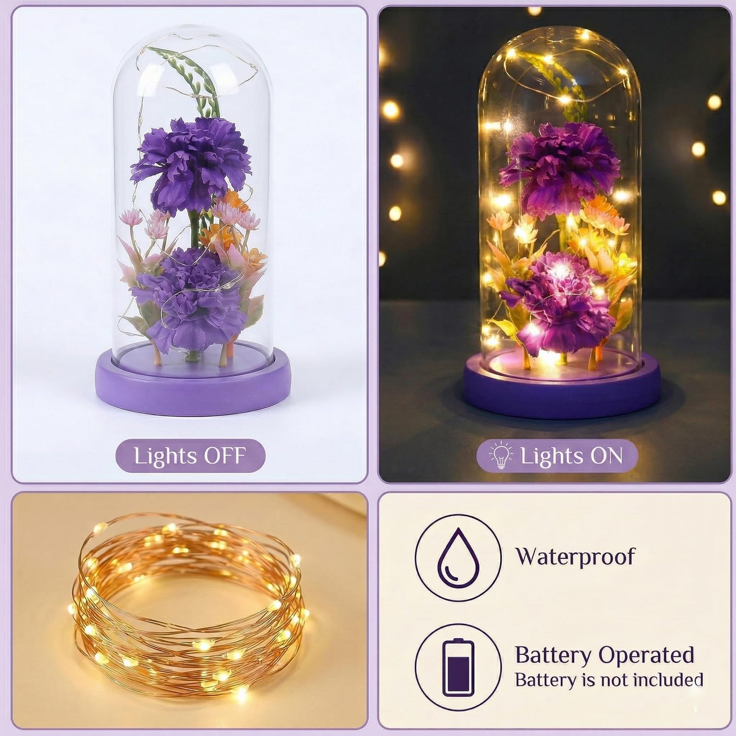 Strackvial Galaxy Glass Carnation Forever Preserved Flower with Light, Valentines Day Birthday Gift for Women, Mom, Wife, Girlfriend, Light Up Carnation in Glass Dome for Mothers Day
