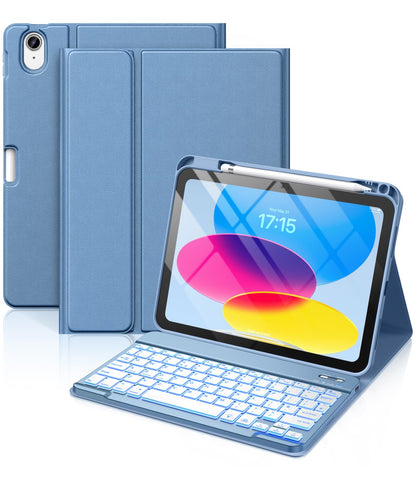 Vobafe Keyboard Case for iPad A16 11th Generation 2025/10th Generation 2022(11/10.9 inch), 7 Colors Backlit Detachable Folio Keyboard Cover with Pencil Holder for iPad 11/10 Gen, UK Layout, Blue