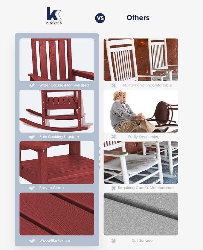 KINGYES Oversized Outdoor Rocking Chair Set of 2, All-Weather Patio Rocking Chairs for Porch, HDPE Outdoor Patio Rockers with High Back & Wide Seat for Garden, Lawn, Red