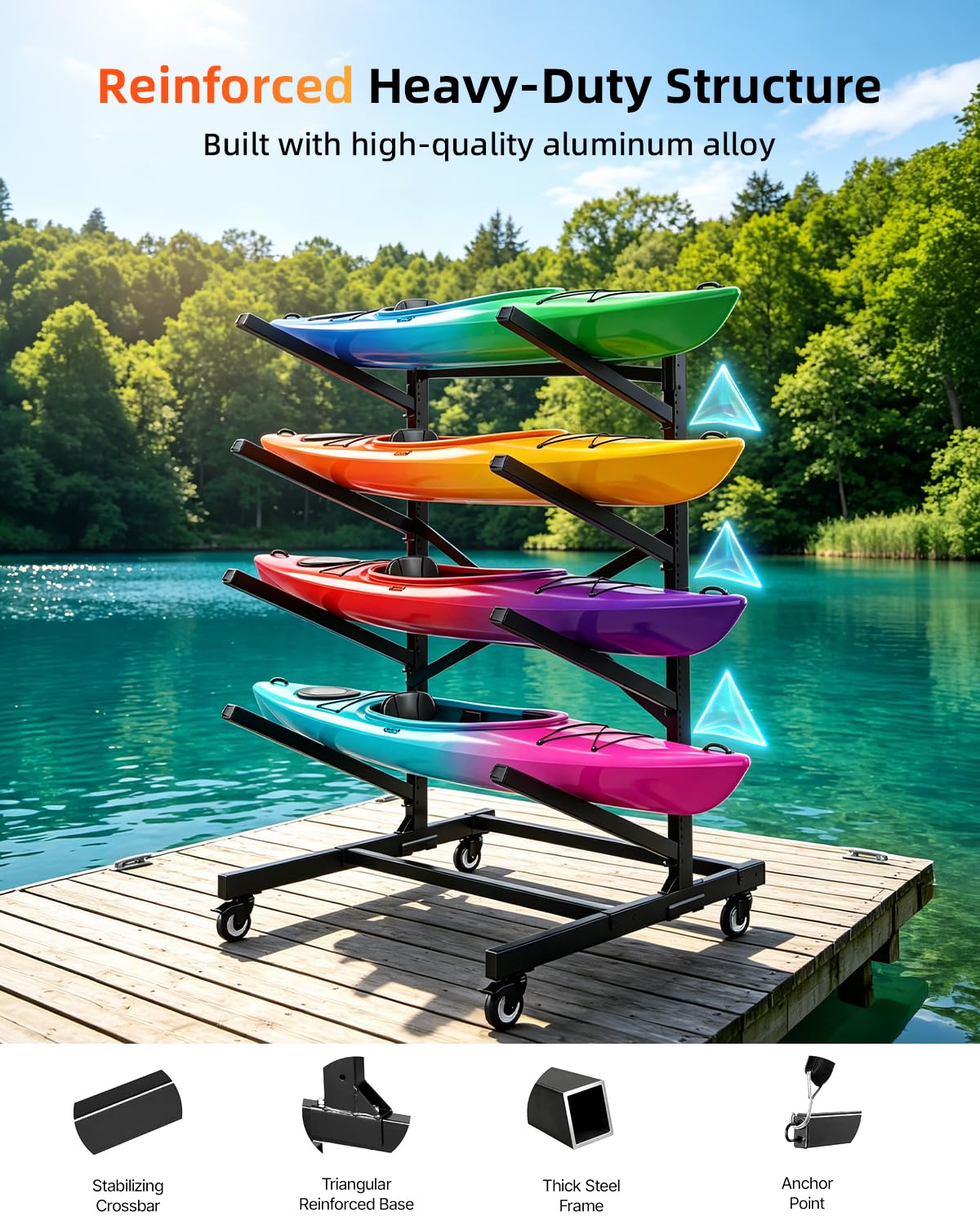 Ultrawesome 4-Tier Single-Sided Kayak Storage Rack with Wheels, Heavy Duty Freestanding Canoe Stand for 4 Kayaks, 400lbs Capacity, Adjustable Arms, Indoor Outdoor Garage Shed Dock Use