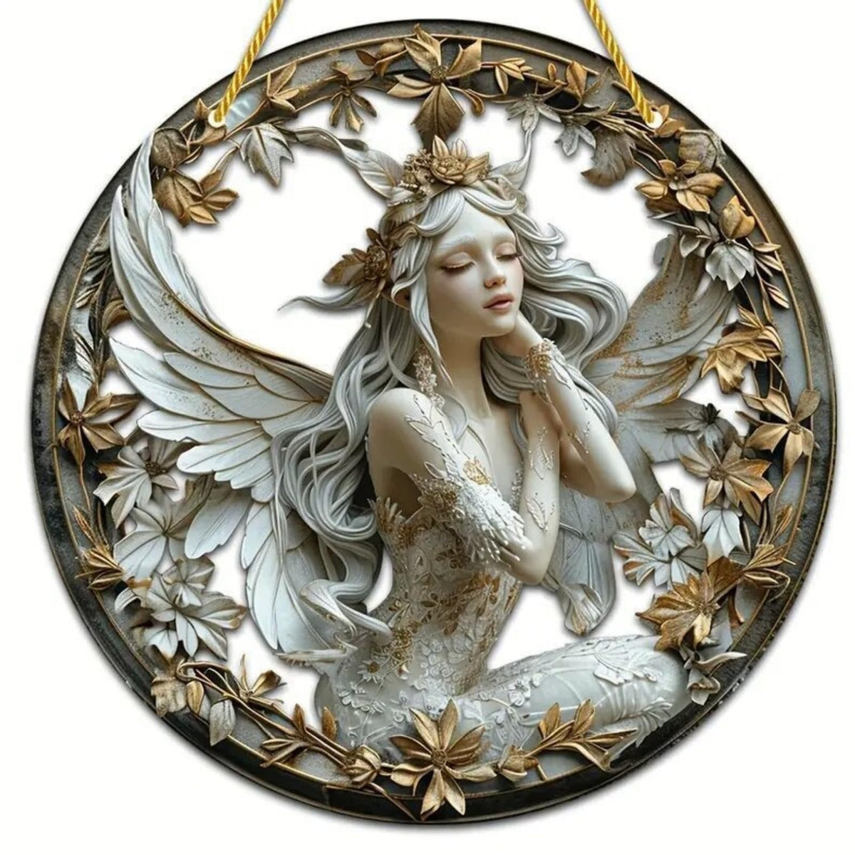 VTYFRY Flower Fairy Garden Decorations Angel Wing Christmas Halloween Deco Statue Art Elf Sculpture Hanging Craft for Outdoor Yard Courtyard Lawn Patio Window Acrylic Ornament Home Gift (C,S: 6*6 IN)