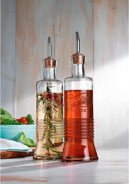 MosJos Original Mason Oil and Vinegar Dispenser Set - 17 oz Glass Olive Oil & Vinegar Cruet Set - Non-Drip, BPA-Free, Dishwasher Friendly Bottles with Stainless Steel Spouts