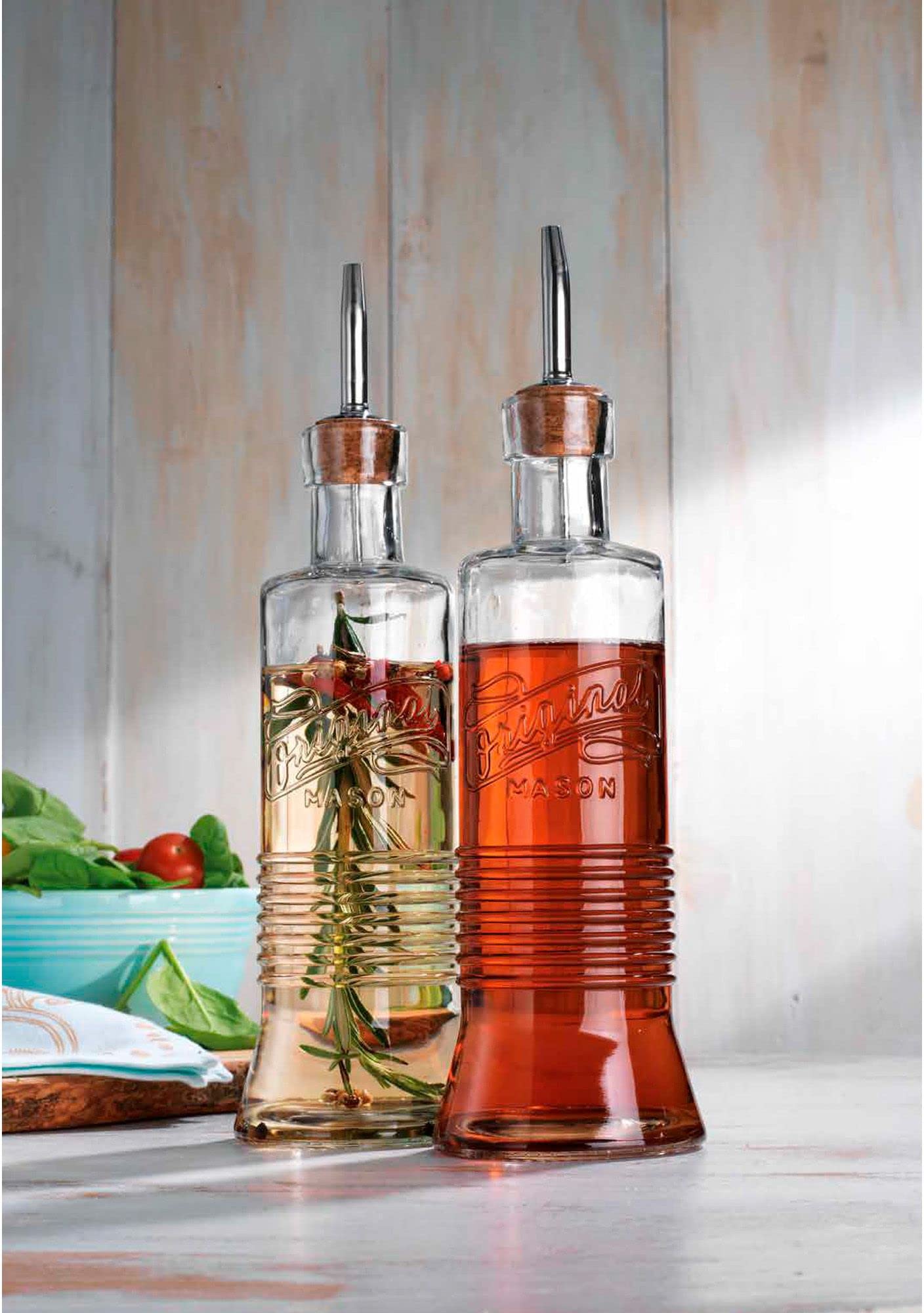 MosJos Original Mason Oil and Vinegar Dispenser Set - 17 oz Glass Olive Oil & Vinegar Cruet Set - Non-Drip, BPA-Free, Dishwasher Friendly Bottles with Stainless Steel Spouts