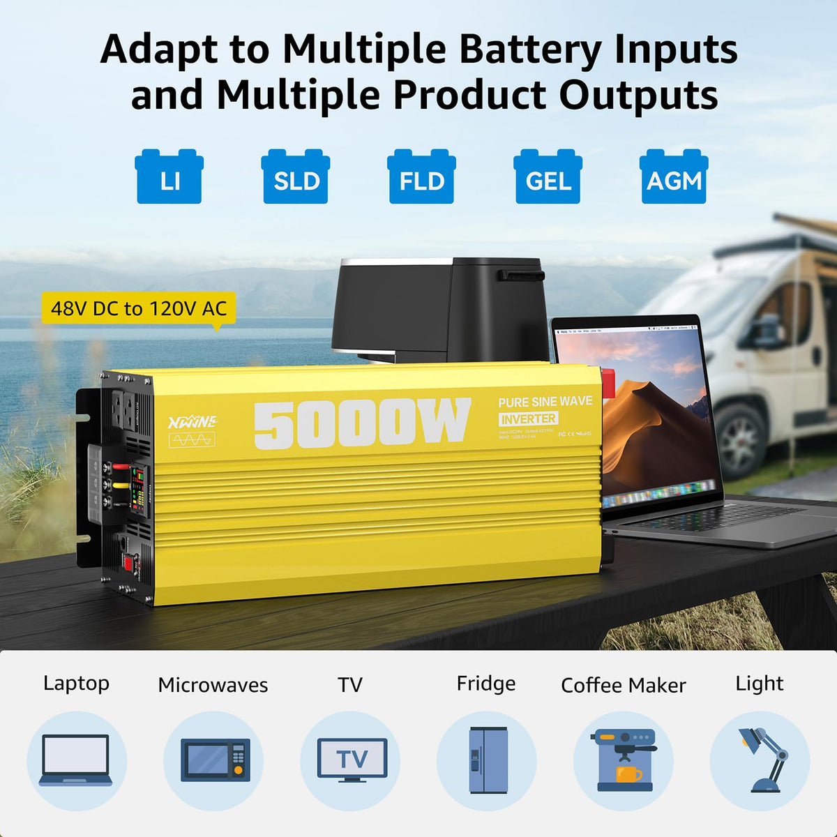 XWJNE 5000W Pure Sine Wave Power Inverter 48V DC to 120V AC Converter with LCD Display and Remote Controller for Home, RV, Truck, Off-Grid Solar Power