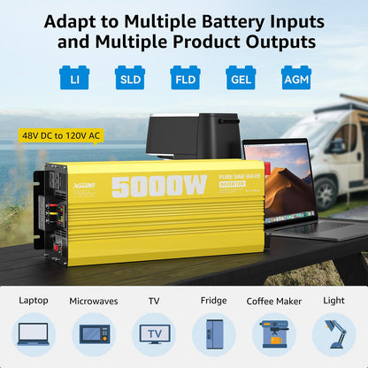 XWJNE 5000W Pure Sine Wave Power Inverter 48V DC to 120V AC Converter with LCD Display and Remote Controller for Home, RV, Truck, Off-Grid Solar Power