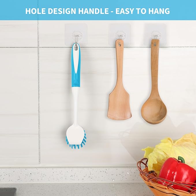 Dish Brush with Handle, 2 Pack Scrub Brushes with Built-in Scraper