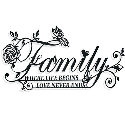 Family Where Life Begins Love Never Ends Word Sign Metal Wall Art Decor, Heavy-duty Iron Black Letters Quotes Sign Wall Sculptures Home Decor, Hanging Wall Art Decoration for Living Room Bedroom