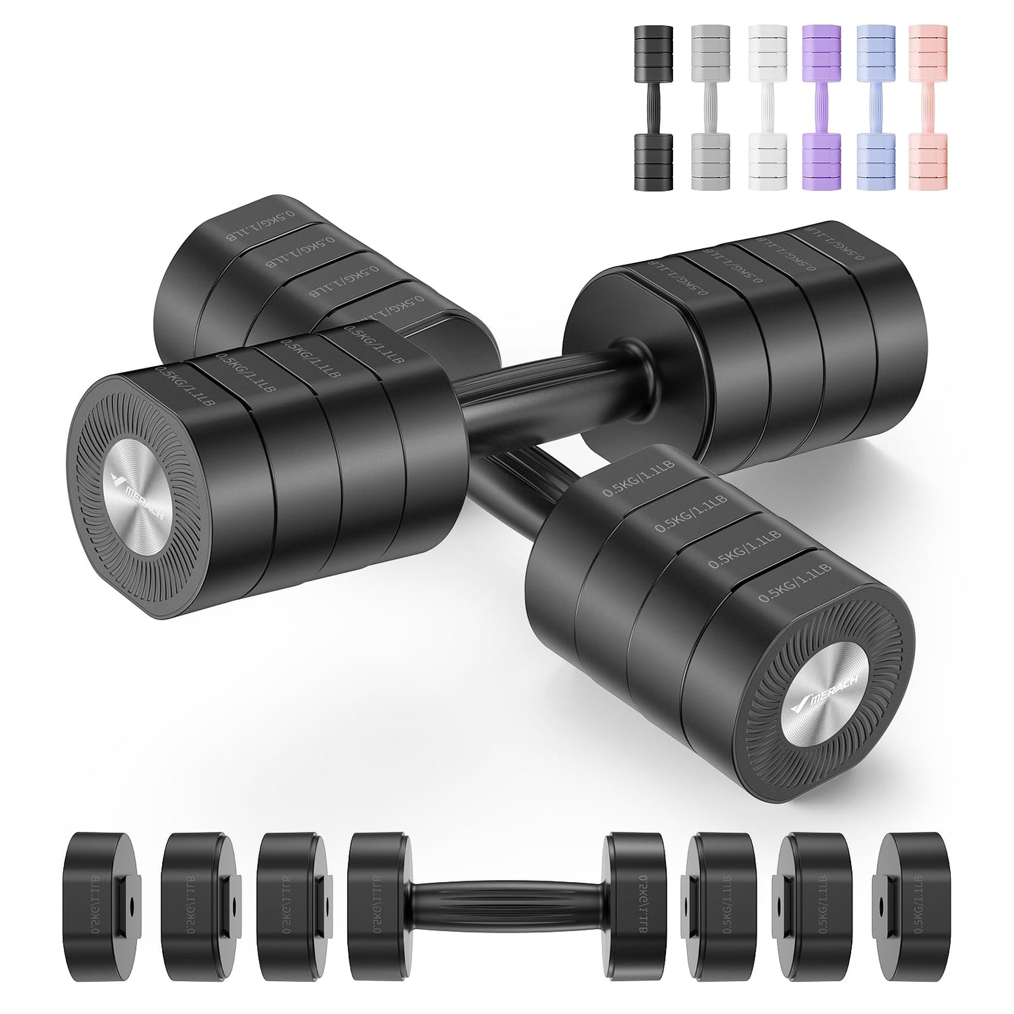 MERACH Dumbbell Set of 2, Adjustable Weight, Anti-slip Handle, Macaron Colors, Each 2.2/4.4/6.6/8.8 lbs, 4 in 1 Hand Weights for Women at Home