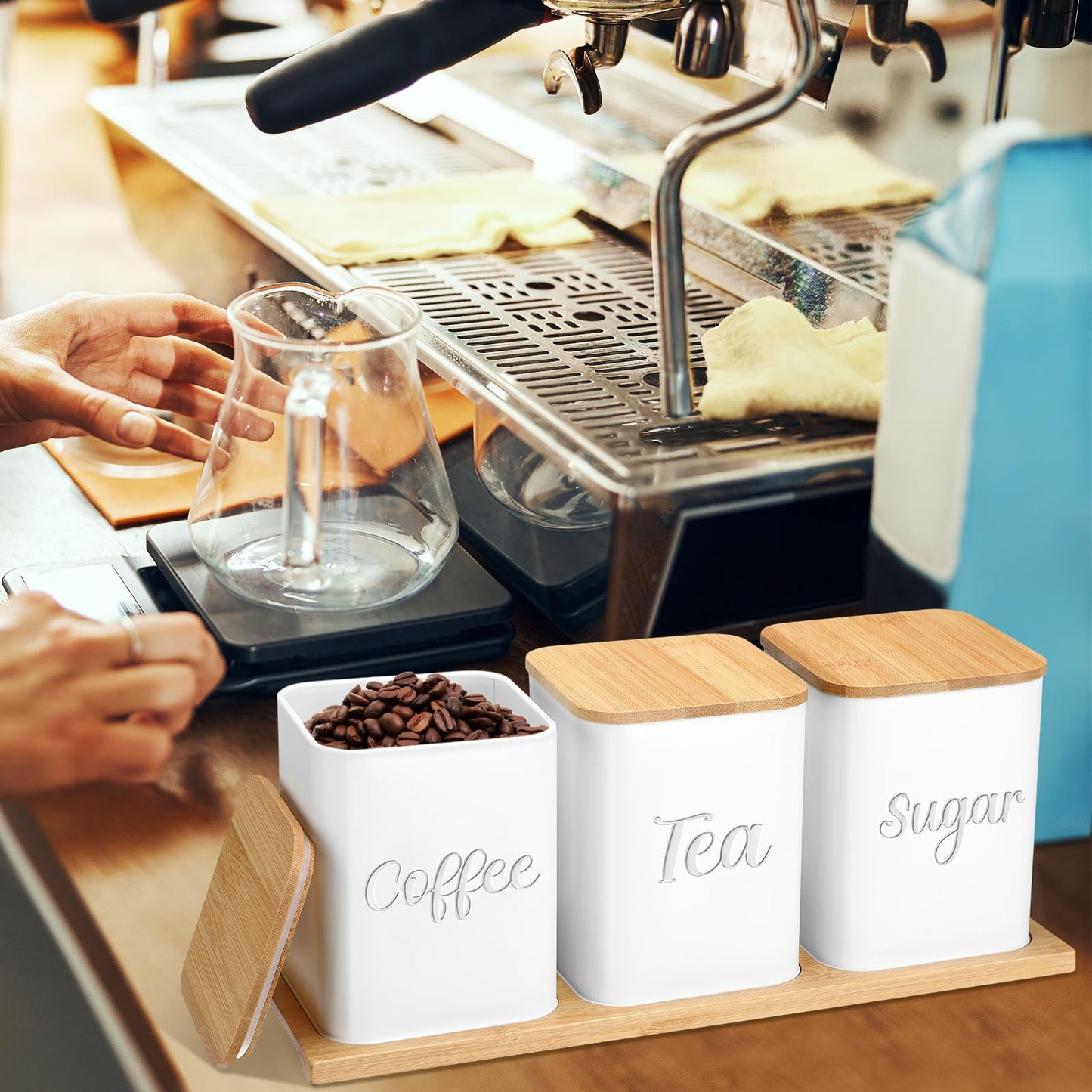 Bokon Set of 3 Coffee Tea Sugar Canisters with Bamboo Lid Tray Airtight Metal Food Storage Containers Jars Decorative Kitchen Canisters Farmhouse Bar Coffee Jars Organization for Countertop(White)