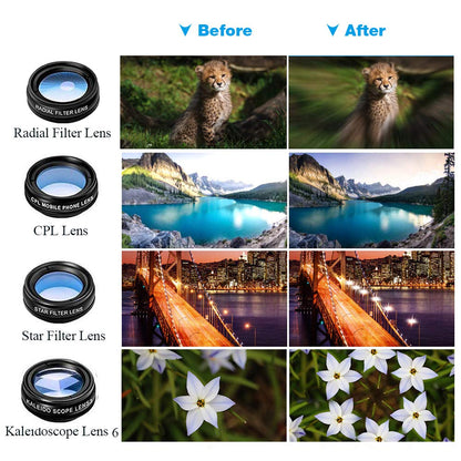 15 in 1 Universal Phone Camera Lens Kit 18X Telephoto lens Wide Angle lens,Macro Lens, Fisheye lens,Kaleidoscope 3/6 lens, CPL/Flow/Star/Radial Filter, Tripod, Remote Shutter for most of Smartphone