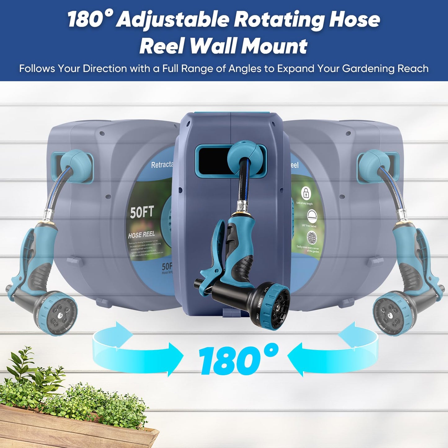 Tuzoc Retractable Garden Hose, Heavy Duty Wall-Mounted Hose Reel with 180° Swivel Bracket, Automatic Slow Return System with 10 Function Nozzle, Any Length Lock for outside Watering,Cleaning（50ft）