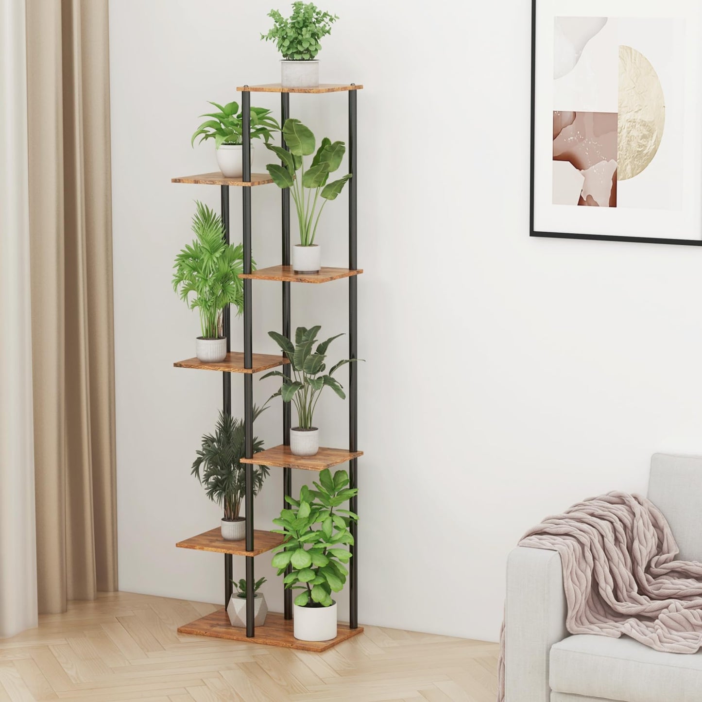 JEPRECO Plant Stand Indoor 7 Tier 8 Potted Metal Wood Plant Shelf, Multiple Flower Pots Corner Tall Plant Holder Stands for Living Room Balcony Bedroom, Rustic Brown