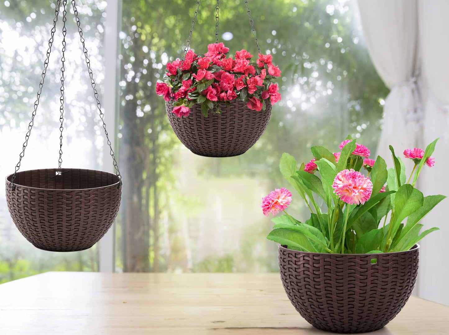 Foraineam 4 Pack 8.2 inch Self-Watering Hanging Planters, Garden Flower Plant Pot Container, Hanging Basket Planter with Drainer and Chain for Indoor Outdoor Use, Coffee Brown