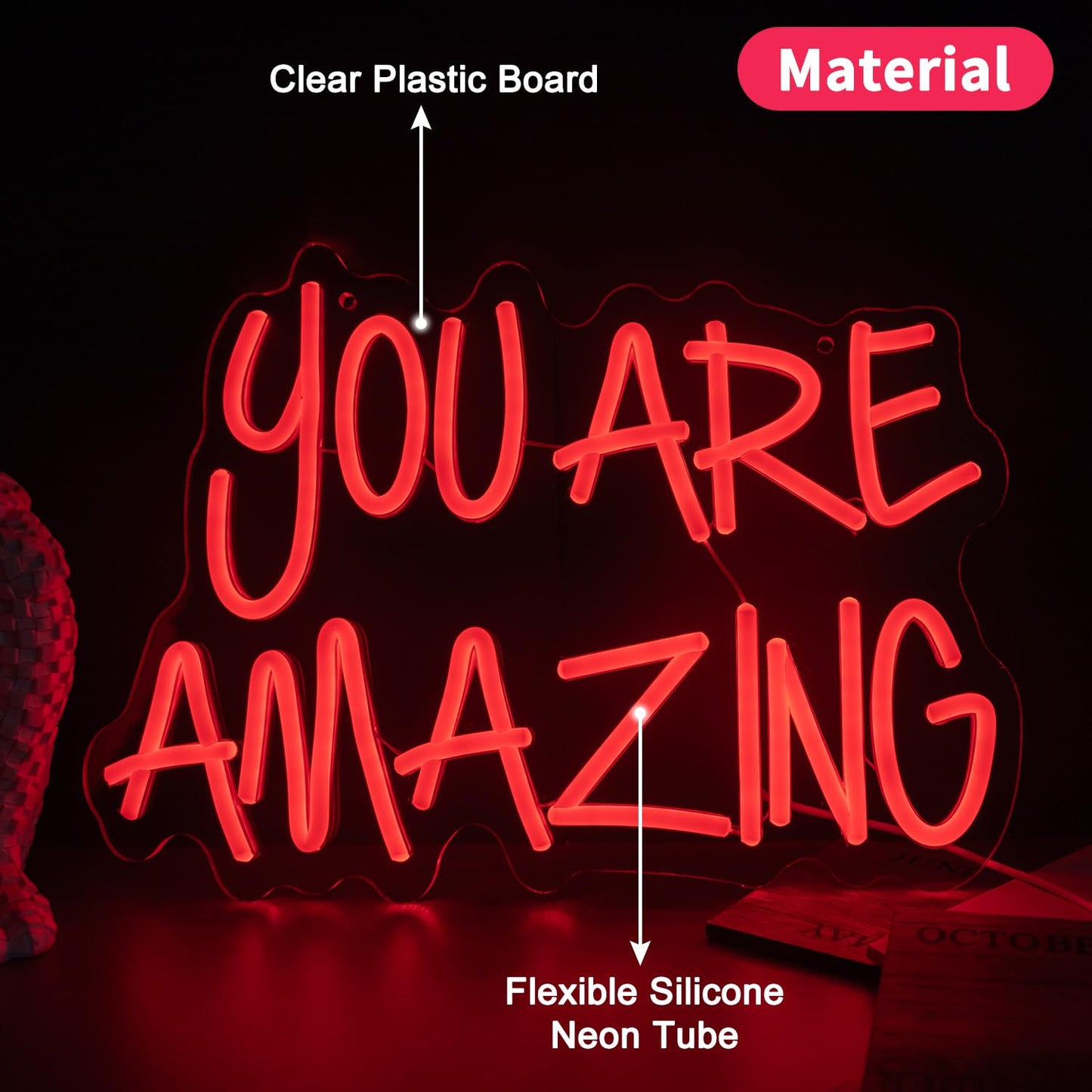 You Are Amazing Neon Sign, Dimmable LED Neon Signs for Wall Decor, USB Powered Neon Light Sign Wall Art for Bedroom Christmas Party Classroom, Postive Aesthetic Decoration 15.35 x 11.81"