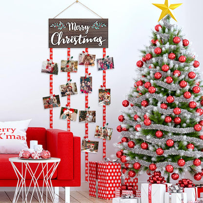 AKEROCK Christmas Card Holder Display, Christmas Wall Decor, Wooden Christmas Picture Frame with 30 Clips for Hanging Photos, Christmas Cards & Postcards, Xmas Holiday Wall Door Home Decor & Gift Idea