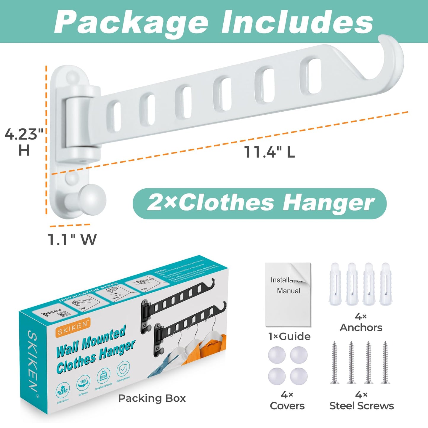 SKIKEN White Laundry Drying Rack with Swing Arm, Wall Mounted Clothes Hanging Rack, Swing Away, Folding Valet Hook, Sturdy Coat Hanger Holder for Laundry Closet (2-Pack, White)