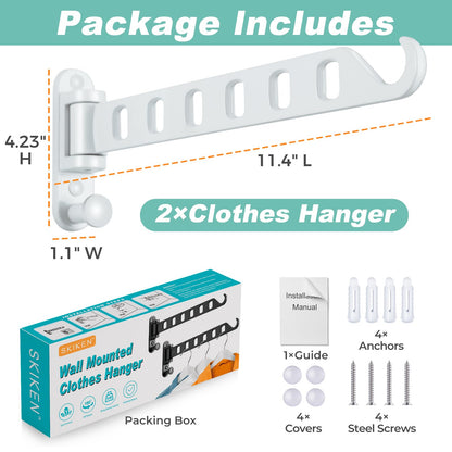 SKIKEN White Laundry Drying Rack with Swing Arm, Wall Mounted Clothes Hanging Rack, Swing Away, Folding Valet Hook, Sturdy Coat Hanger Holder for Laundry Closet (2-Pack, White)