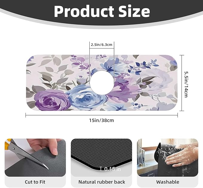 Lavender Flowers Kitchen sink faucet pad, strong water absorption, anti slip