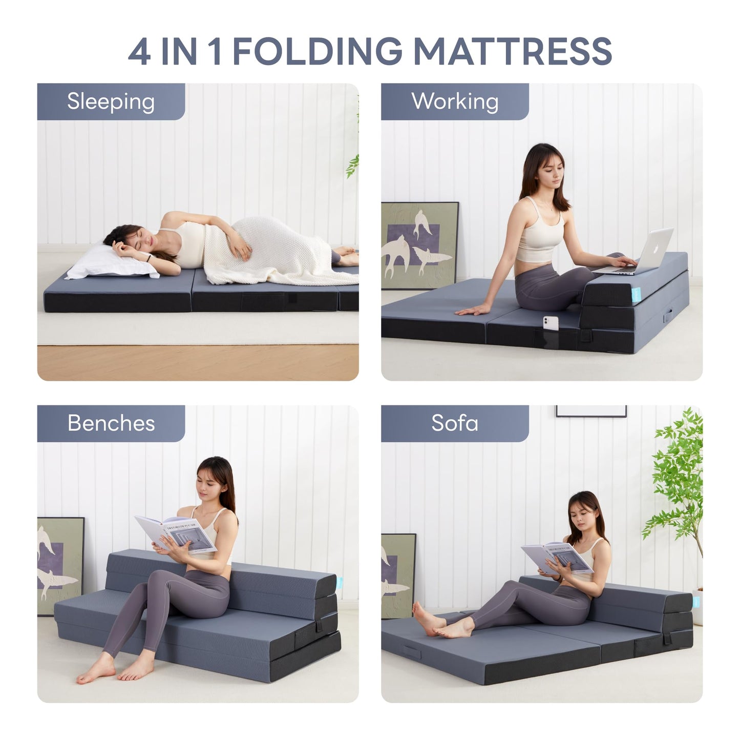 LIKIMIO Folding Mattress Queen, High Density Foam Mattress with Breathable and Washable Cover & Storage Bag, 4 Inch Foldable Mat Topper for Camping, RV and Yoga, Handle Design, Blue