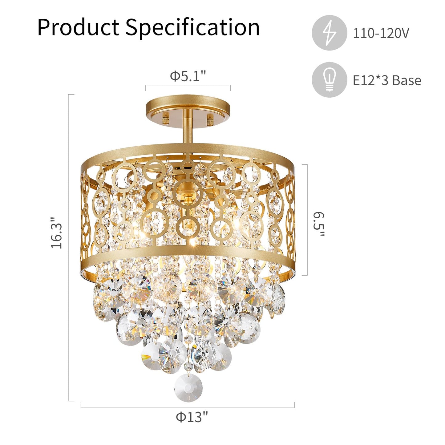 WUZUPS Crystal Drum Chandelier Flushmount Ceiling Light Modern Lighting Fixture for Entry Hallway Kitchen Bathroom Bedroom, H 16.3'' x W 13'', E12 Base, Gold