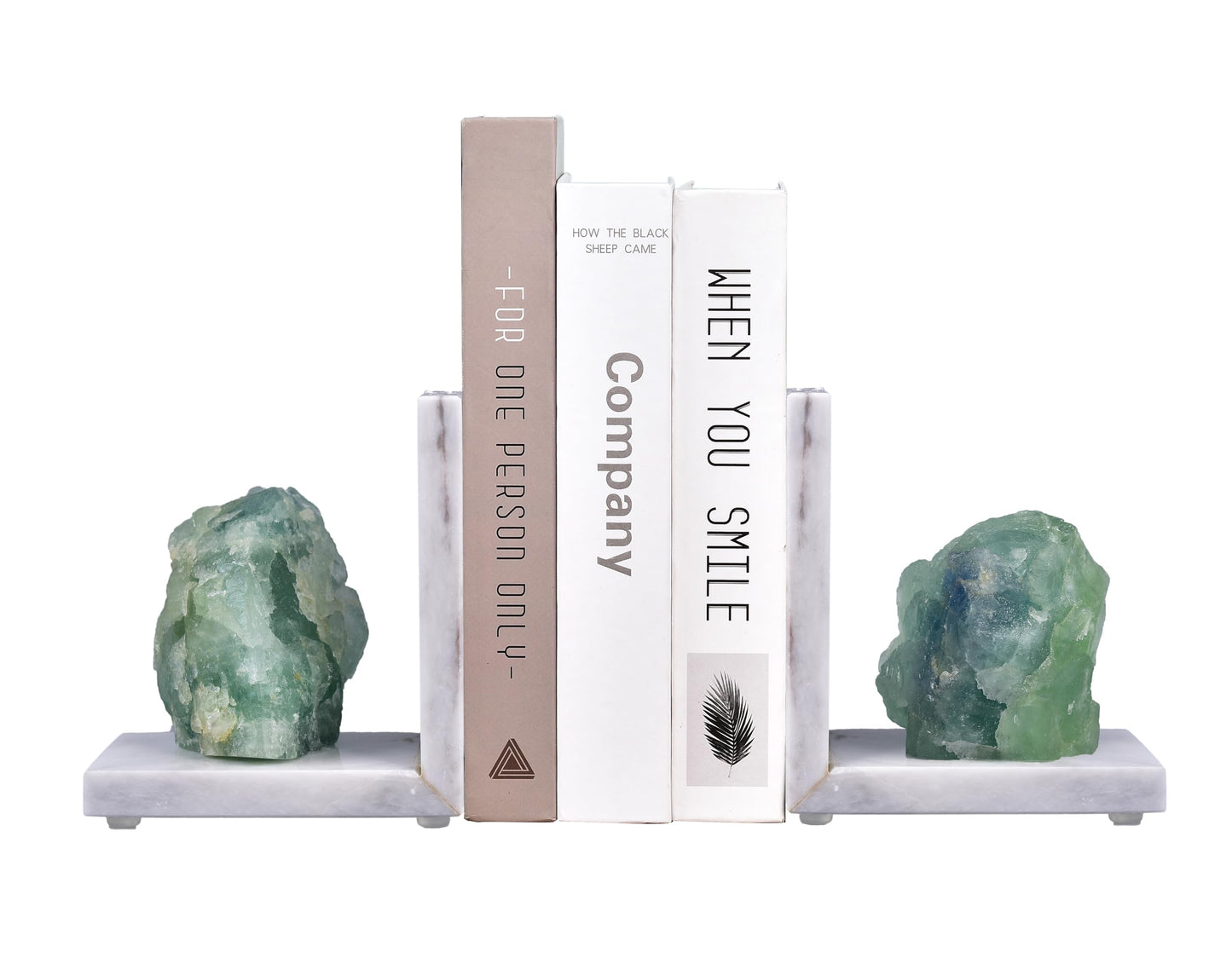 AMOYSTONE Marble & Fluorite Bookends - Heavy Duty L-Shape Book Stopper, Non-Slip, Decorative Crystal Bookends for Home Office Decor(1 Pair, 4-6 lbs)