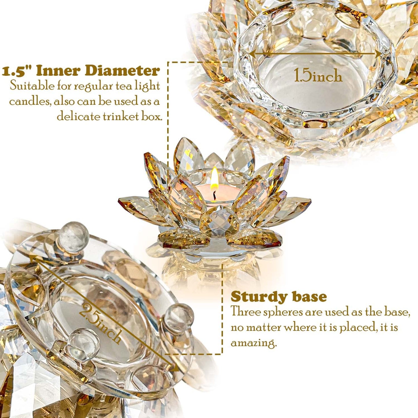 Kolnlala Crystal Lotus Flower Tealight Candle Holders/Glass Tea Light Candlestick Decor Decoration for Christmas Home Wedding Party(1, Gold 2pcs)