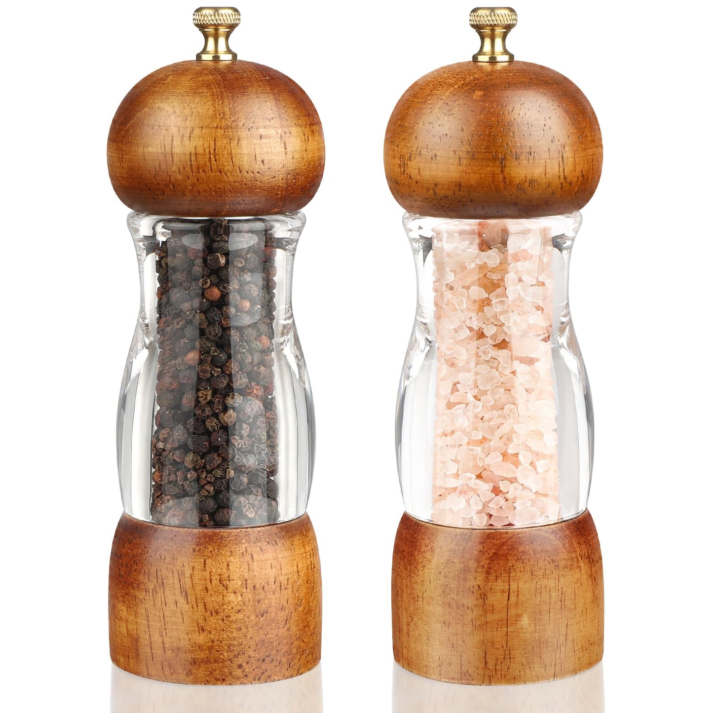 Wood Salt and Pepper Grinder, Manual Salt Grinder and Pepper Mill Refillable, Wooden Shakers with Adjustable Ceramic Grinders - 6 inches, 2 Pack