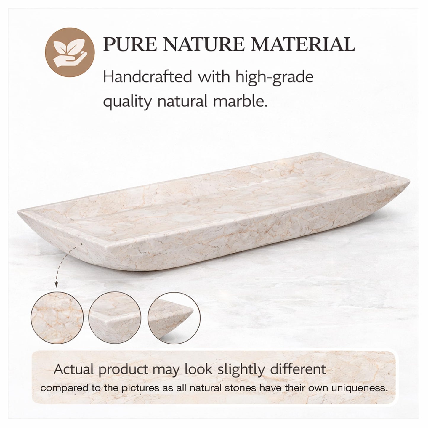 Creative Home Natural Champagne Marble Rectangular Vanity Tray Towel Tray Boat Shaped Tray Bathroom Accessories Organizer for Bathroom Countertop, Kitchen Sink, Jewelry, 16.5" x 6.3" x 1.5" H, Beige