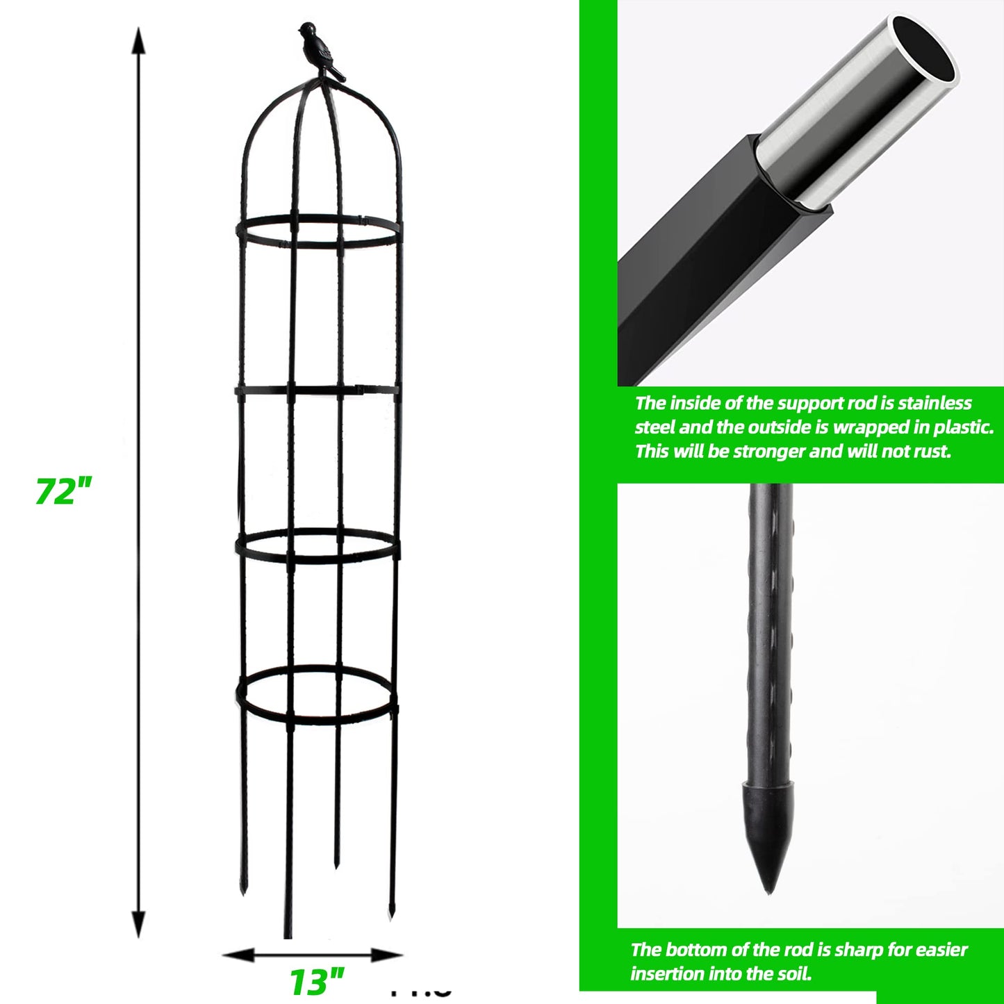 Garden Trellis for Climbing Plants, Rustproof Metal Pipe with Heavy Duty 6ft, Garden Outdoor Indoor Potted Plant Support（Black）